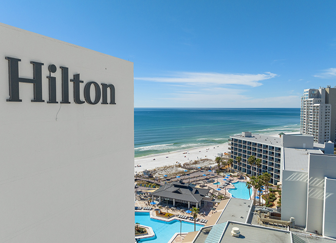 Pool deck view of Hilton Sandestin Beach Resort near Destin